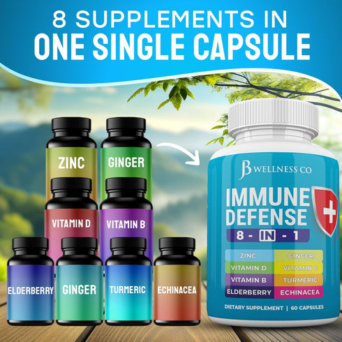 Immune Support 8 in 1 Capsules - Zinc Supplement, Vitamin D3 5000 IU, Vitamin C 1000MG and Elderberry - Immune Booster Ginger Root, and Turmeric -...