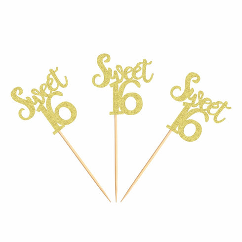 Ercadio 24 Pack Sweet 16 Cupcake Toppers Gold Glitter Age Sixteen Cupcake Picks Anniversary 16th Kids Birthday Party Cake Decors...