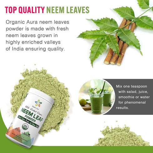 Organic Aura Neem Leaf Powder (Azadirachta Indica). 100% Pure Neem, Raw and Green. USDA Certified Organic Neem for Immune Support, Skin, and Hair....