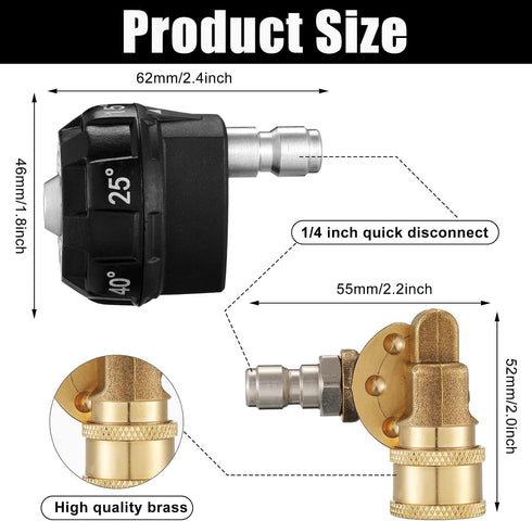 2 Pcs Pressure Washer Nozzle and Pivoting Coupler Kit 6 in 1 Quick Changeover Pivot Adapter Coupler with 5 Rotation Angles 1/4 Inch Quick Changeov...