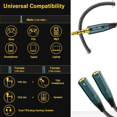 Headset Adapter, 3.5mm Headphone Mic Splitter CTIA TRRS Male to Dual TRS Female Y Audio Microphone Splitter Cable for Gaming Headset to PC, Laptop...