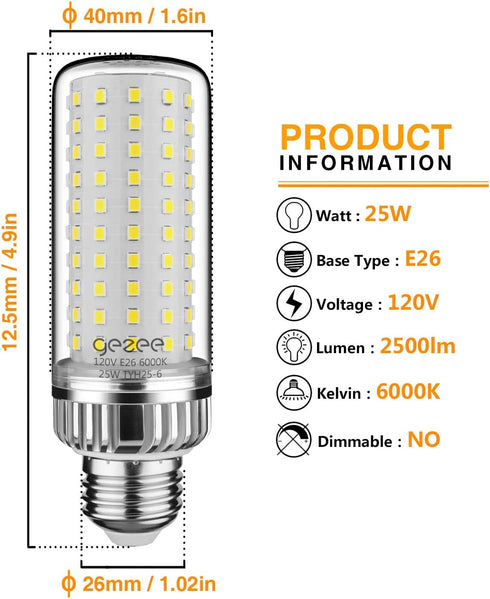25W LED Light Bulb, 200 Watt Equivalent?E26 LED Lamp 2500 Lumens Daylight-White 6000K,Non-Dimmable (3-Pack...