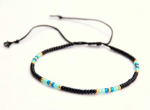 Anklet for Women, Unique Beaded Thin Anklet, Black Gold Colorful Boho Hippie Waterproof Beach Foot Jewelry, Native American Style, Handmade by Tri...