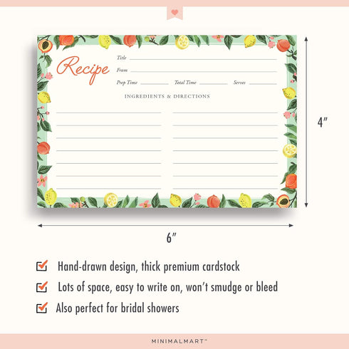 Lemon & Peach Recipe Cards 4" x 6" Recipe Cards- Thick Premium Card Stock With Kraft Paper Look | Ideal For Recipe Box Or Binder | Lots Of Space &...