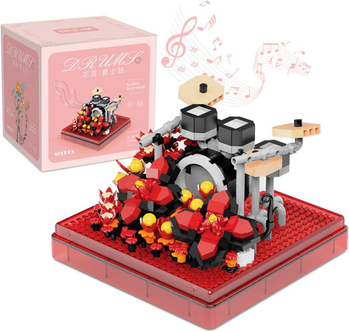 Drums Flower Mini Building Blcoks Set, DIY Creative Activity Micro Block Musical Instruments with Dust Cover, Percussion Plant Model Kits for Adul...
