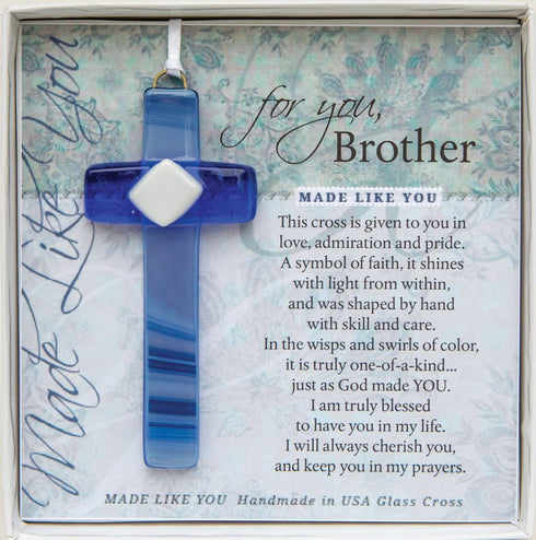 The Grandparent Gift Co. Made Like You Handmade Glass Cross Gift for Brother, Blue...