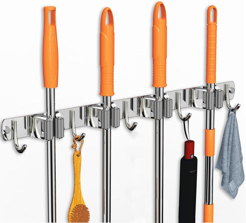Mop and Broom Holder Wall Mount, Upgraded Broom Organizer Wall Mount, Stainless Steel Broom Hanger Wall Mount for Home Kitchen Garden Laundry Gara...