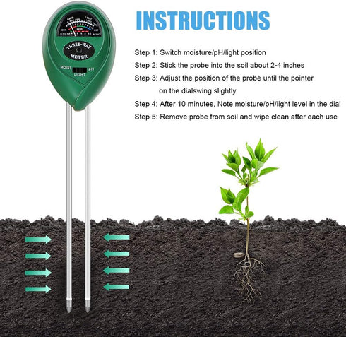 Soil pH Meter, 3-in-1 Soil Testing Kit with Moisture, Light and PH Tester for Plant, Vegetables,Garden, Farm, Lawn, Indoor & Outdoor (No Battery N...