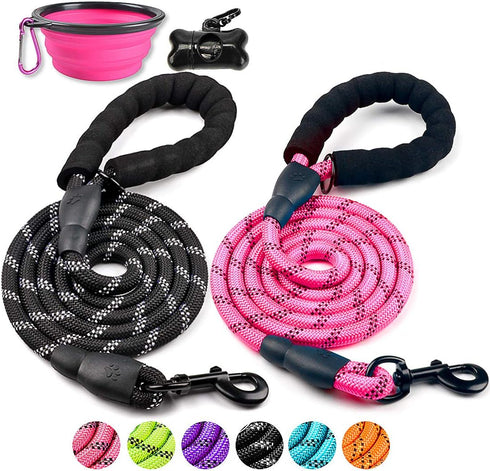 2 Pack Dog Leash 5 FT Thick Durable Nylon Rope - Comfortable Padded Handle Reflective Rope Dog Leash for Medium Large Dogs with Collapsible Pet Bo...