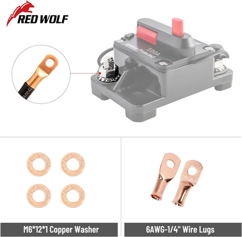RED WOLF 100A Amp Circuit Breaker W/6 Gauge Battery Ring Terminal Connector Manual Reset Switcher for Boat Trolling Motor Marine ATV Car Stereo Au...