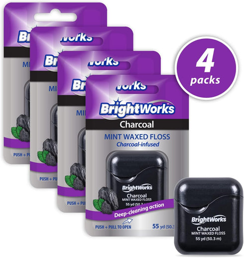 BrightWorks Activated Charcoal Dental Floss - 55 Yards (Pack of 4) - Infused Waxed with Natural Fresh Mint Flavor for Oral Care, Dental Hygiene, a...