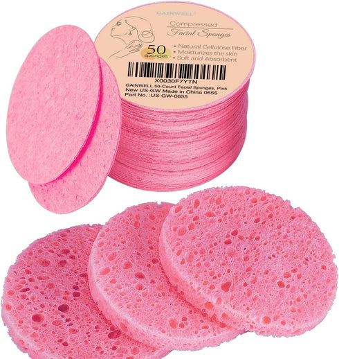 50-Count Compressed Facial Sponges for Daily Facial Cleansing and Exfoliating, 100? Natural Cosmetic Spa Sponges for Makeup Remover, Reusable, Pin...