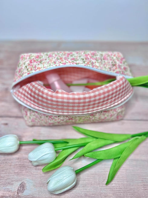 Quilted Floral Makeup Bag, White/pink floral pattern....