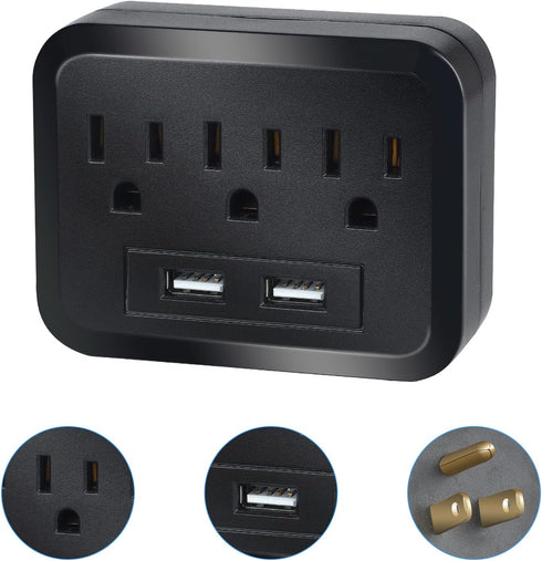 Wall Surge Protector - 3 AC Outlets and 2 USB Ports Power Strip with Premium Protection, Wall Mount Outlet Splitter, Extender Charging Station (Bl...