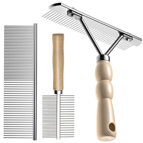 Undercoat Rake for Dogs, 3 Pack Pet Grooming Brush Set Long Tooth Rake Brush & Double-Sided Teech Comb & Stainless Steel Shedding Comb, Long Haire...