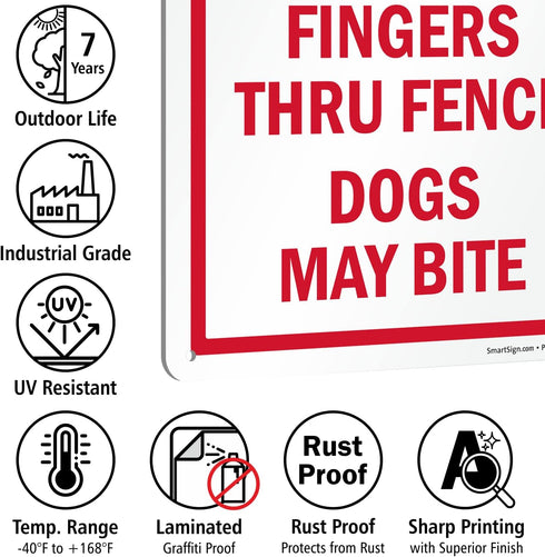 SmartSign 14 x 10 inch “Beware of Dog - Do Not Put Fingers Thru Fence, Dogs May Bite” Metal Sign, 40 mil Laminated Rustproof Aluminum, Red and Whi...