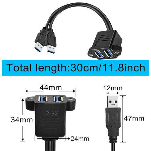 GINTOOYUN Dual USB 3.0 Cable with Panel Mount Screw Hole, 2 Ports USB 3.0 Male to Female Extension Cable, Suitable for Family, Classroom, Office, ...