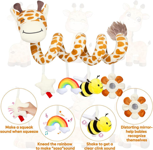 Stuffed Giraffe Spiral Car Seat Toys, 0-6 months Stroller Activity Baby Infant Carseat Toys Hanging Including Bee Rattles| Flower Mirror| Rainbow ...