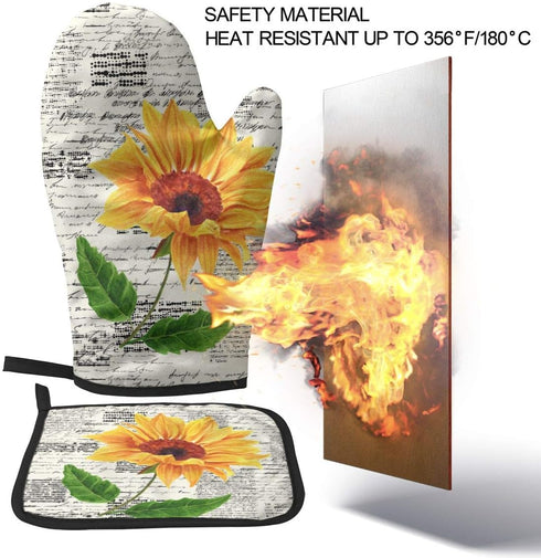 Watercolor Sunflowers Oven Mitts and Pot Holders Sets Heat Resistant Oven Gloves with Non-Slip Surface for Safe BBQ Cooking Baking Grilling Set of...