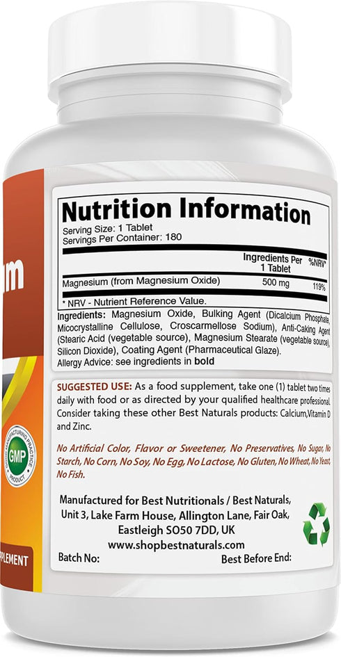 Best Naturals Magnesium oxide 500 mg 180 tablets...