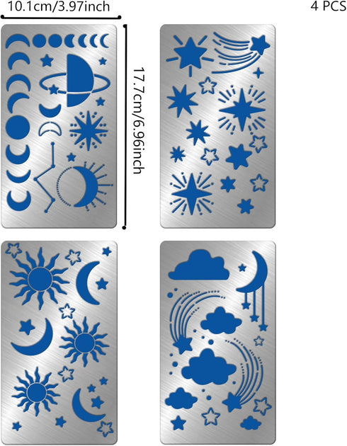 FINGERINSPIRE 4 Pcs Universe Space Theme Metal Stencils Template, (Sun, Moon, Stars, Clouds?Stainless Steel Drawing Painting Stencils for Scrapboo...