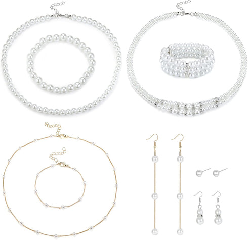 Sanfenly 9 Pcs Pearls Jewelry Set with 3Pcs Faux Pearl Necklace, 3Pcs Pearl Bracelet, 3 Pairs Pearl Earrings 1920s Simulated Pearls Accessories We...