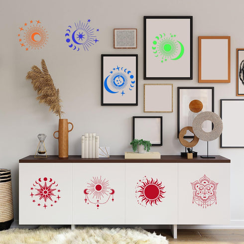 9pcs Mandala Sun and Moon Stencil, 11.81 Inch Star Sun and Moon Template Reusable Paint Stencils for Painting Crafts Wood Wall Furniture Home Deco...
