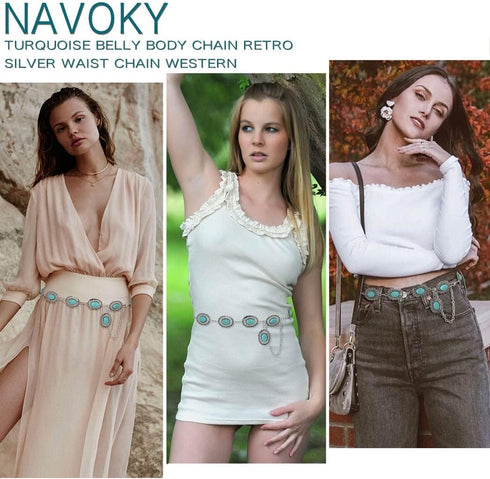 Navoky Turquoise Chain Belts Concho Belt Silver Metal Western Waist Chain Retro Boho Cowgirl Outfit Accessories for women...
