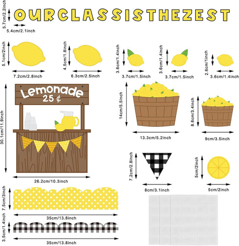 Whaline 92Pcs Lemonade Stand Bulletin Board Decoration Kit Summer Plaid Bulletin Board Set Yellow Lemon Cutouts with Glue Points for Classroom Sch...