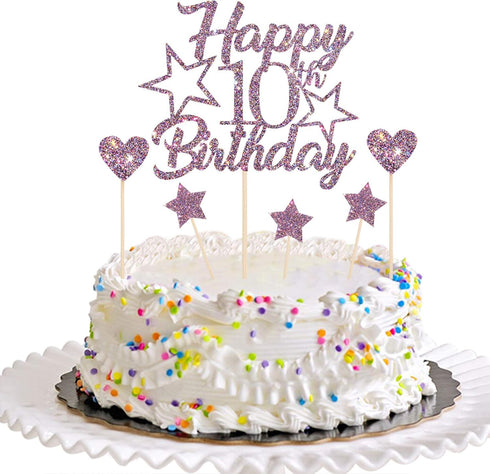 Purple Glitter Happy 10th Birthday Cake Topper with Cupcake Toppers - 10th Birthday Cupcake Decoration, 10th Birthday Cake Decor for Boys or Girls...