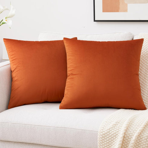 Mixhug Set of 2 Cozy Velvet Square Decorative Throw Pillow Covers for Couch and Bed, Burnt Orange, 18 x 18 Inches...