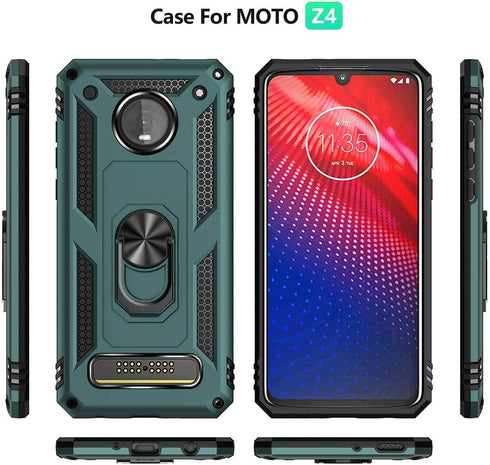 Moto Z4 Case - Military Grade Shock-Absorption Bumper Cover with Anti-Scratch Protection, Ring Car Mount Kickstand - Teal...