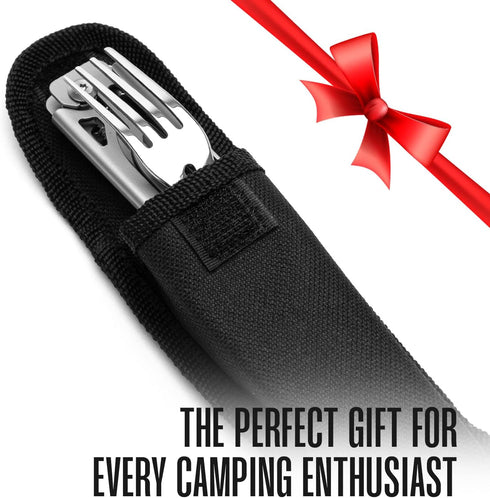 Camping Utensils - 4 In 1 Stainless Steel, Safety Locking Camping Accessories with Durable Sheath - Compact Multi Tool For Camping With Knive, Spo...