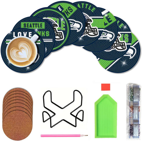 8 Pcs Diamond Painting Coasters Kit, DIY Football Diamond Art Coasters with Holder for Seattle Adults Diamond Art Crafts Supplies...