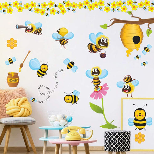 RW-1061 3D Bee Wall Decals Bee Flowers Wall Stickers Cartoon Animals Stickers DIY Removable Animals Tree Branch Wall Art Decor for Kids Babys Nurs...