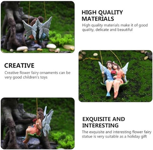 Couple Flower Fairy Garden Pendant, Fairy Girl and Boy Sitting on Swing Sculpture, Exquisite DIY Couple Flower Fairy Garden Pendant, Garden Hangin...