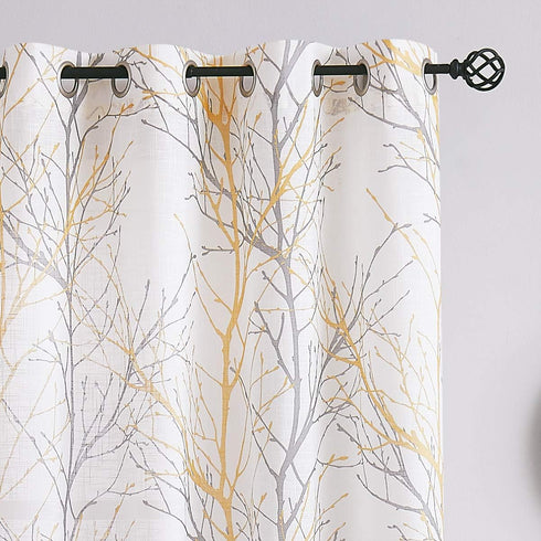 FMFUNCTEX Linen Semi Sheer Curtains for Bedroom, Yellow White Curtains 45 Inches Long for Living Room, Grey Tree Branch Print Curtain Light Filter...