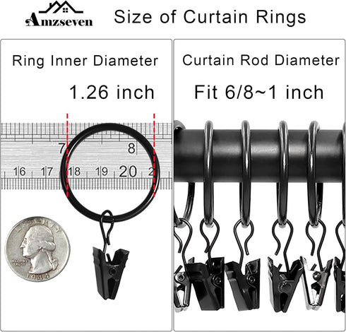40 Pack Curtain Rings with Clips, Drapery Clips with Rings, Drapes Rings 1.26 in Interior Diameter, Fits up to 1 in Curtain Rod, Black...
