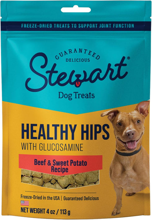 Stewart Freeze Dried Dog Treats, Healthy Hips Beef & Sweet Potato, Made with Glucosamine Chondroitin, Grain Free, 4 Ounce Resealable Pouch, Made i...