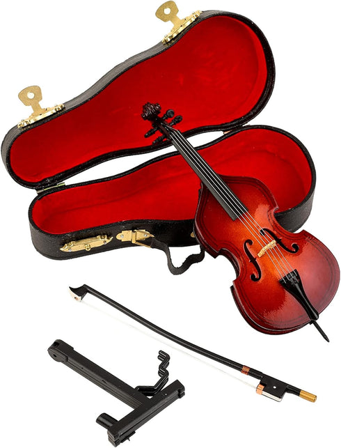 Dselvgvu Wooden Miniature Double Bass with Stand,Bow and Case Mini Contrabass Replica Mini Musical Instrument Collectible Miniature Dollhouse Mode...