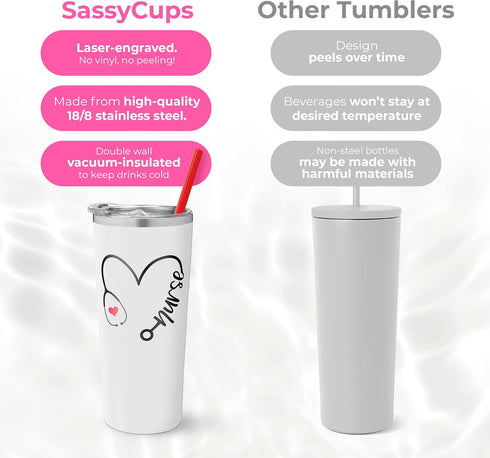 Nurse Travel Tumbler - Vacuum Insulated Stainless Steel Mug With Lid and Straw - Nursing Graduation Gift - Cute Coffee Cup for New Nurses - Women'...