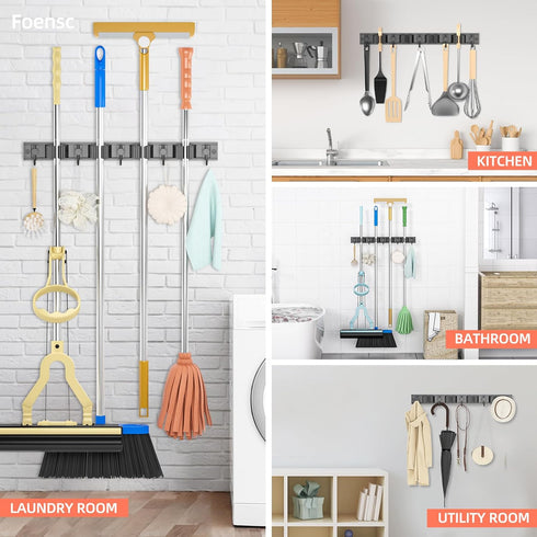 Broom Holder Wall Mount, Improved Adjustable Broom Holder, Super Anti-Slip Mop and Broom Holder Wall Mount, Heavy Duty Tool Organizer for Laundry ...