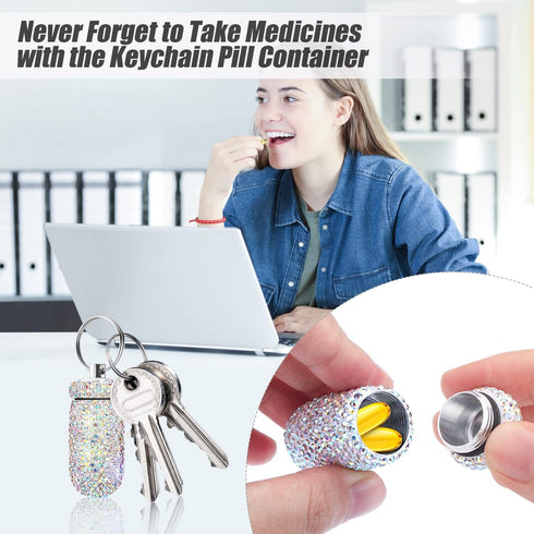 2 Pack Portable Pill Case Bling Rhinestone Pill Container Box Waterproof Medication Holder Organizer Bottle with Keychain for Outdoor Camping Trav...