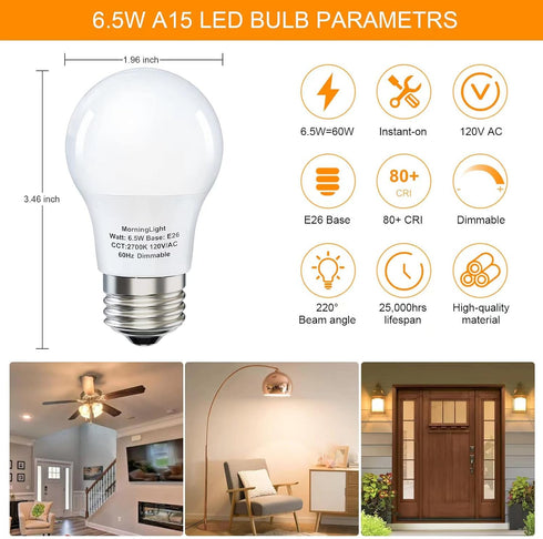 A15 Ceiling Fan Light Bulb 60 Watt Equivalent, 6.5W Dimmable LED Light Bulbs, 2700K Warm White, E26 Base, 4 Pack A15 LED Light Bulbs 60W for Penda...