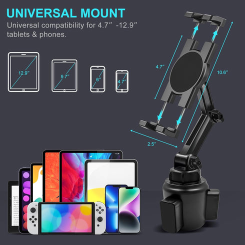 Cup Holder Car Tablet Mount, 360° Adjustable 2-Arm Stand Holder for iPad Pro 12.9/11/10.5/9.7/Air/Mini 6/5/4, Samsung Galaxy Tab/Z Fold 4/3, Amazo...