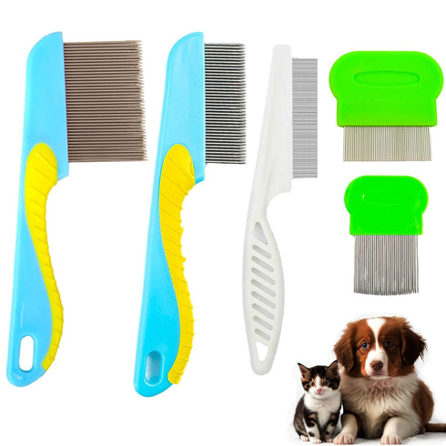 5pcs Flea Comb,Dematting Comb for Dog and Cat,Stainless Steel Teeth Head Nit Comb for Small,Medium&Large Pets,Lice Combs,Tick Comb for Dogs,Dog Co...