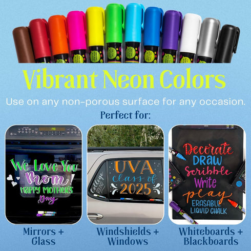 Liquid chalk markers erasable. 6 neon dry & wet erase marker pens for windows, mirrors, whiteboards, chalkboards, glass boards, auto windshields. ...
