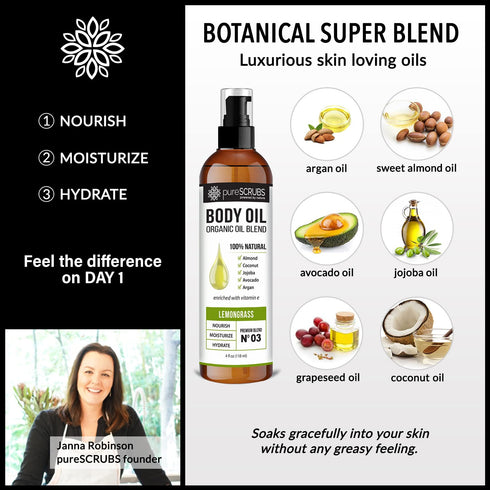 pureSCRUBS Ultra Moisturizing LEMONGRASS BODY OIL Spray for Dry Skin, Massage, & More, Organic Super Blend of Jojoba, Argan, Coconut, Sweet Almond...