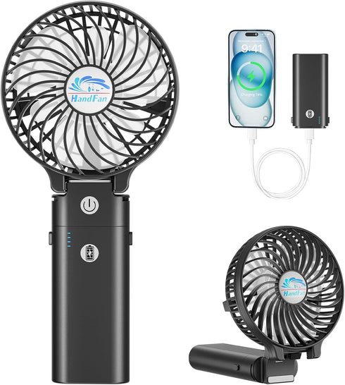 HandFan 5200mAh Portable Handheld Fan, Personal Hand Held Fan USB Rechargeable, 180° Foldable Portable & Detachable Handle Design,3 Speeds Strong ...