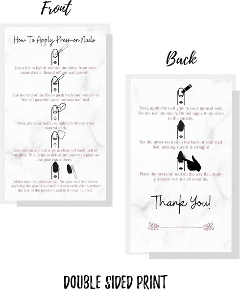 Press-On Nail Application Instructions Cards | 50 Pack | 2x3.5" inch Business Card Size | DIY Press-On Nail Kit | Marble with Rosey Gold Design...
